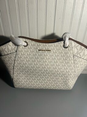 Michael Kors White and Brown MK Logo Tote